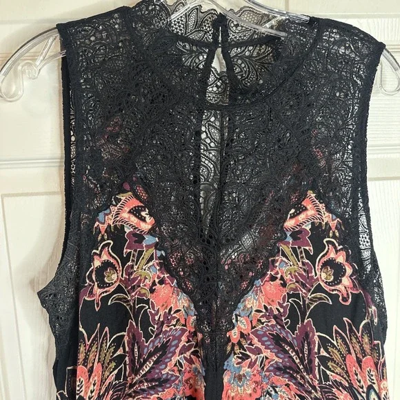Free People Marsha Print Slip Dress Black High Neck Mini Lace And Keyhole Back L - Picture 5 of 16